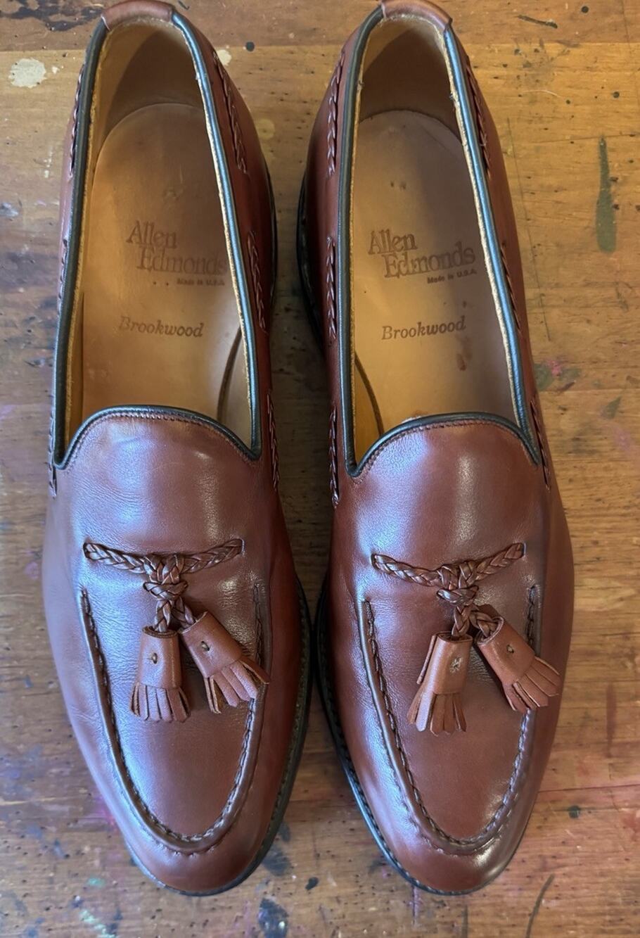 Allen Edmonds Brookwood Woven Tassel Loafers Brown Leather Men's 9.5 AA USA Made